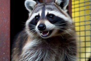 Close-up of a smiling raccoon peeking out