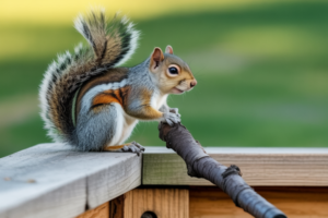 Squirrel holding onto a branch on a deck